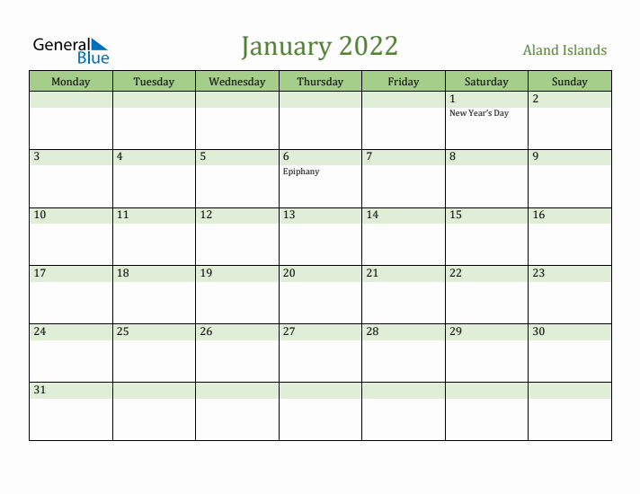 January 2022 Calendar with Aland Islands Holidays
