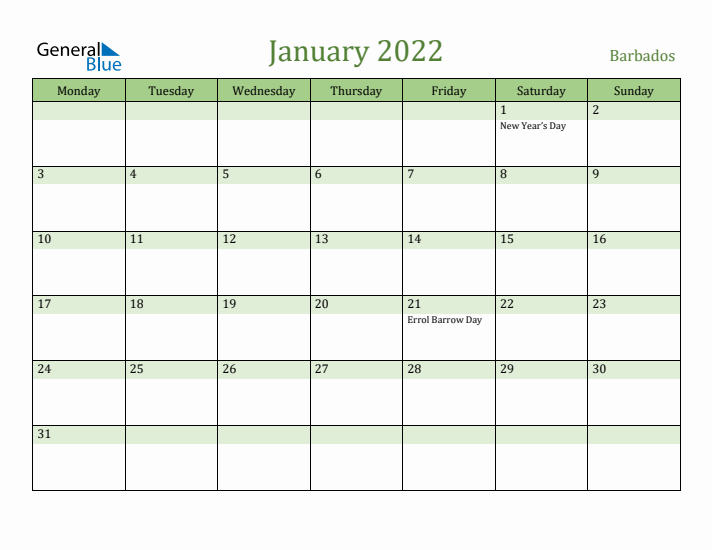 January 2022 Calendar with Barbados Holidays