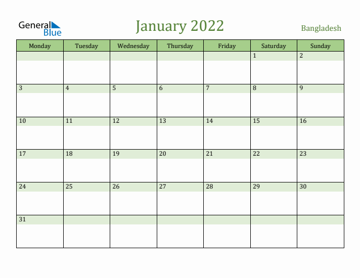 January 2022 Calendar with Bangladesh Holidays