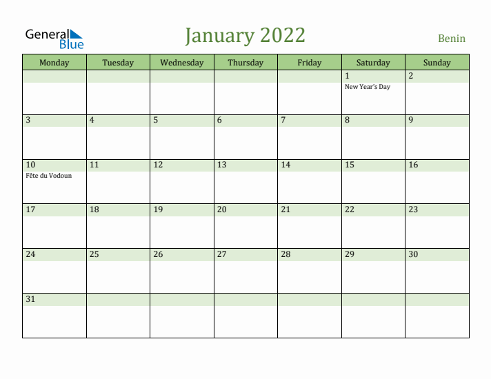 January 2022 Calendar with Benin Holidays