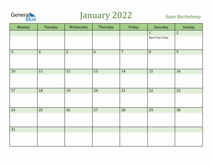 January 2022 Calendar with Saint Barthelemy Holidays