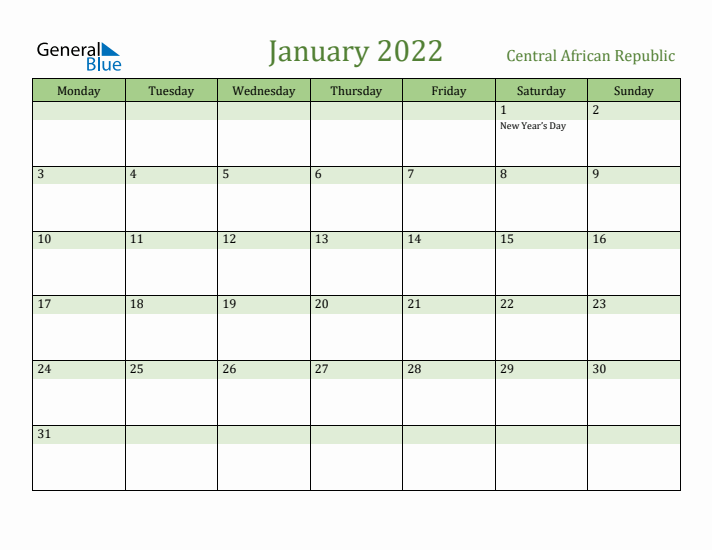 January 2022 Calendar with Central African Republic Holidays