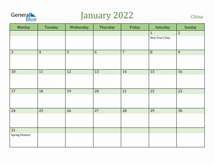 January 2022 Calendar with China Holidays
