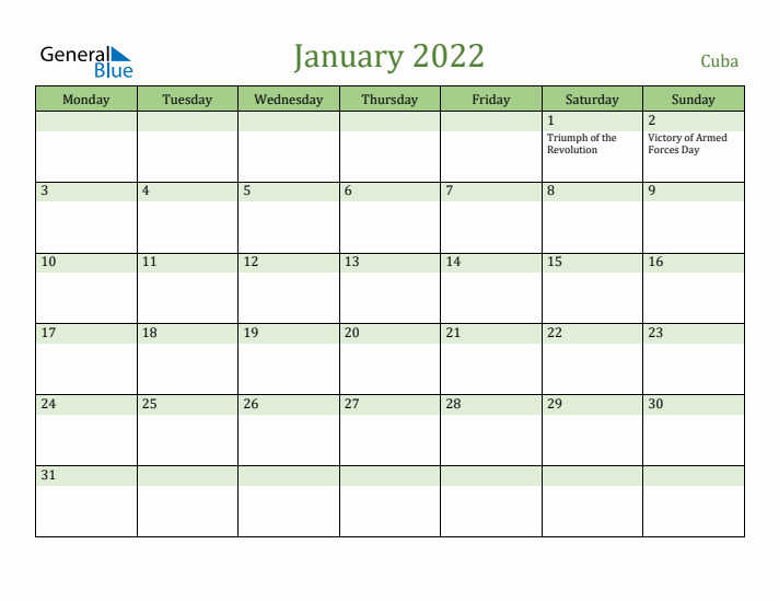 January 2022 Calendar with Cuba Holidays