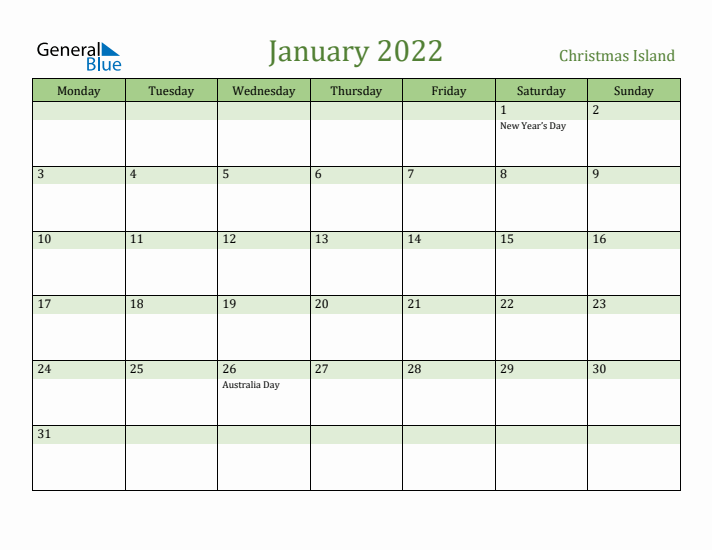 January 2022 Calendar with Christmas Island Holidays