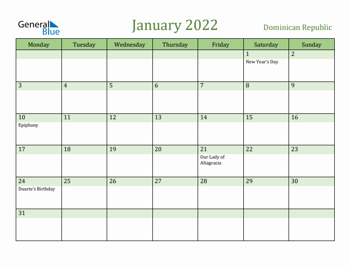January 2022 Calendar with Dominican Republic Holidays