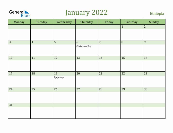 January 2022 Calendar with Ethiopia Holidays
