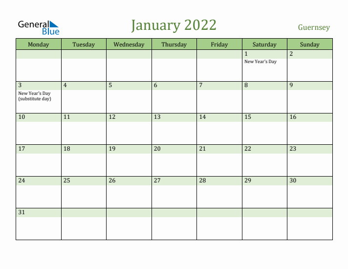January 2022 Calendar with Guernsey Holidays