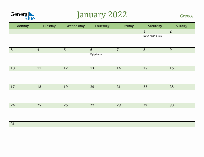 January 2022 Calendar with Greece Holidays
