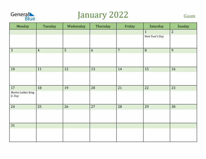 January 2022 Calendar with Guam Holidays