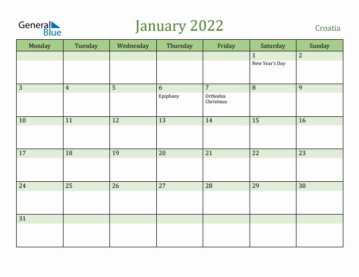 January 2022 Calendar with Croatia Holidays