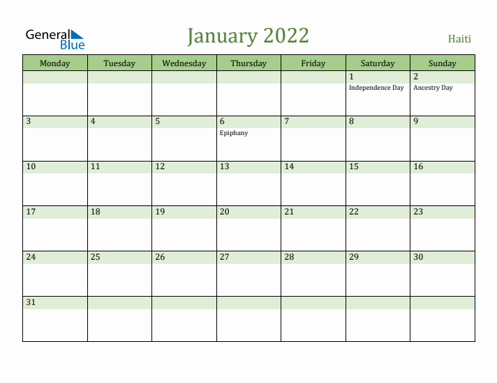 January 2022 Calendar with Haiti Holidays