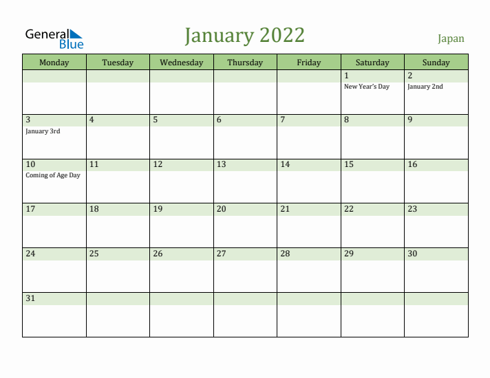 January 2022 Calendar with Japan Holidays