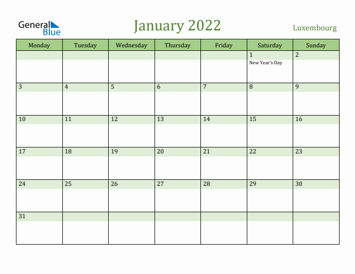 January 2022 Calendar with Luxembourg Holidays