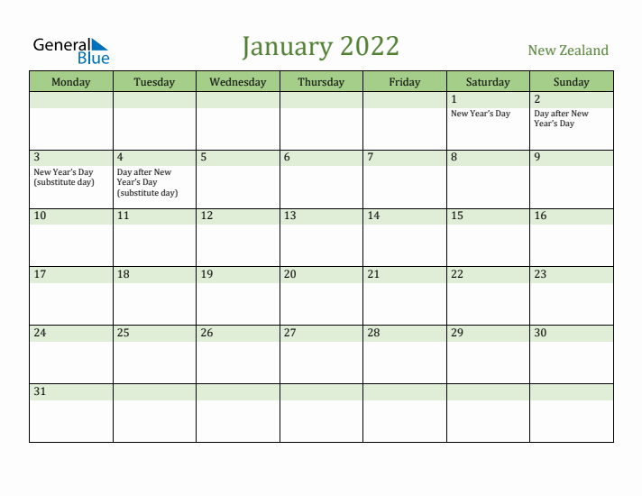 January 2022 Calendar with New Zealand Holidays