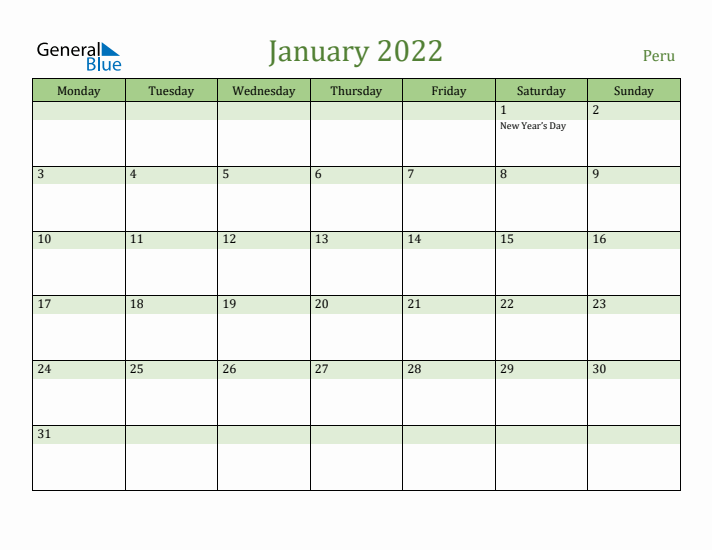 January 2022 Calendar with Peru Holidays