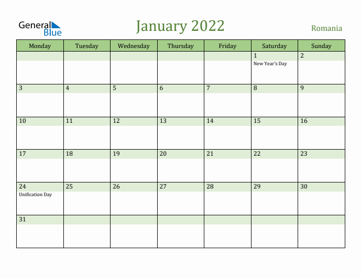 January 2022 Calendar with Romania Holidays