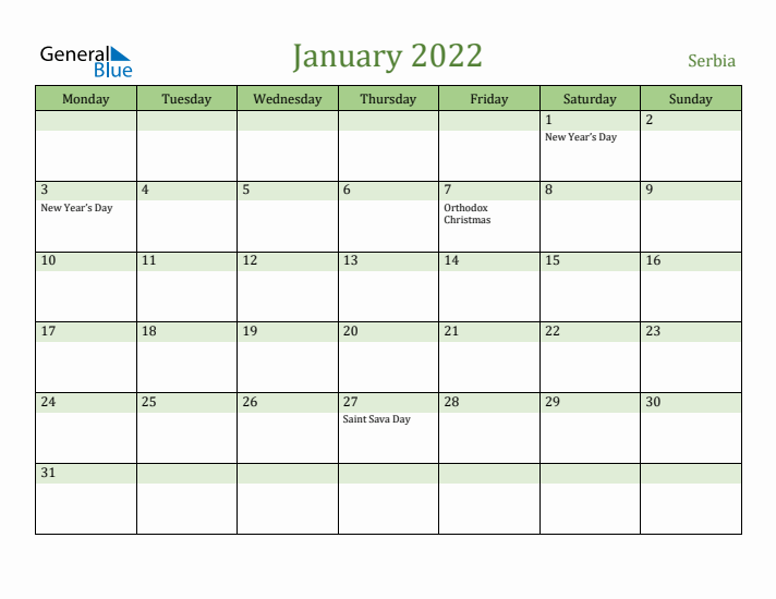 January 2022 Calendar with Serbia Holidays