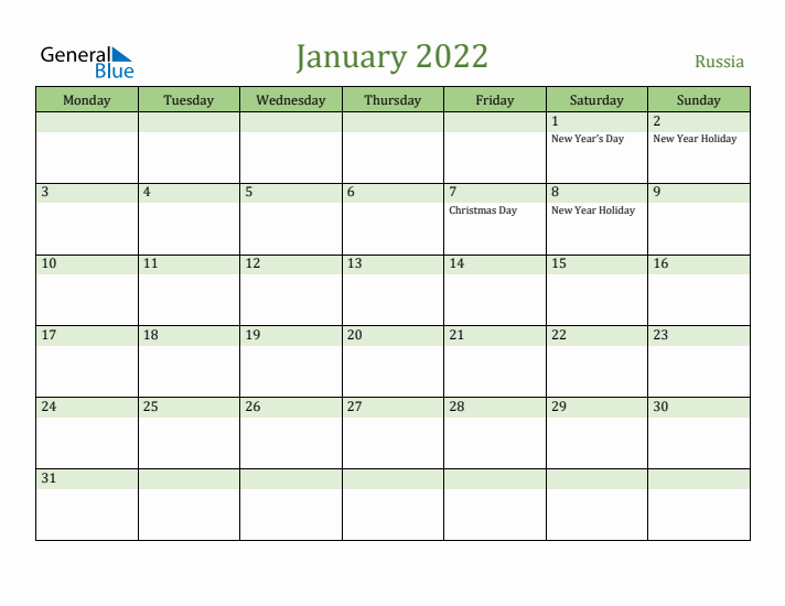January 2022 Calendar with Russia Holidays