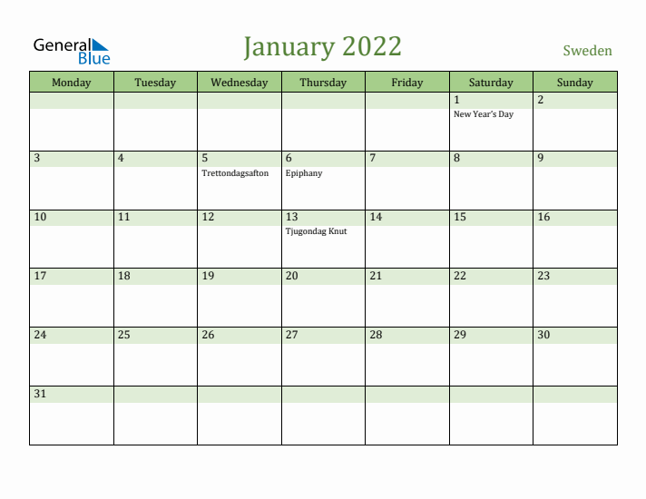 January 2022 Calendar with Sweden Holidays