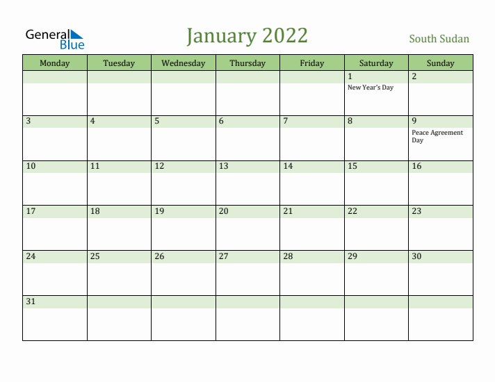 January 2022 Calendar with South Sudan Holidays