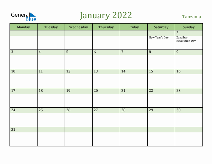January 2022 Calendar with Tanzania Holidays