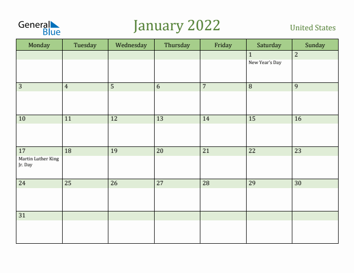 January 2022 Calendar with United States Holidays