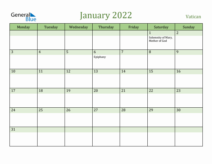 January 2022 Calendar with Vatican Holidays