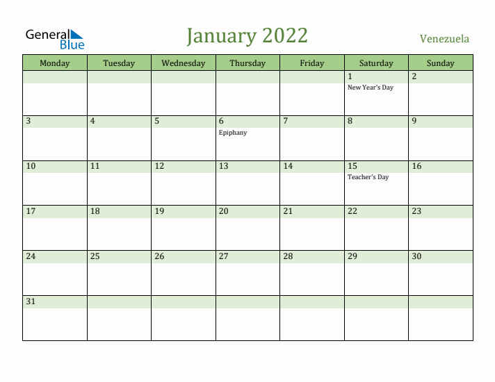 January 2022 Calendar with Venezuela Holidays