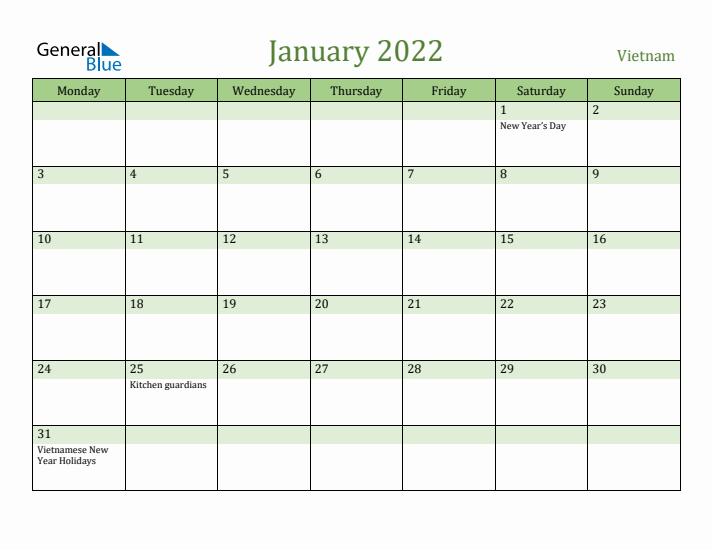 January 2022 Calendar with Vietnam Holidays