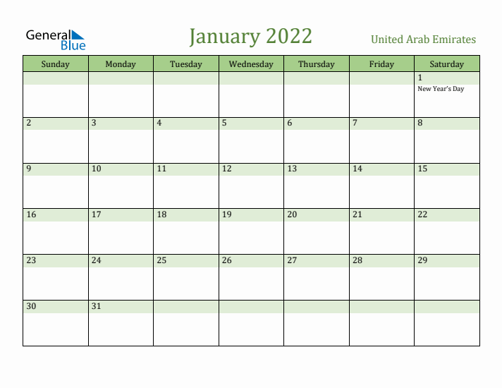 January 2022 Calendar with United Arab Emirates Holidays