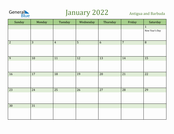 January 2022 Calendar with Antigua and Barbuda Holidays