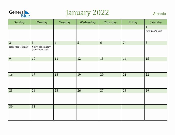 January 2022 Calendar with Albania Holidays