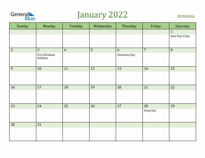 January 2022 Calendar with Armenia Holidays