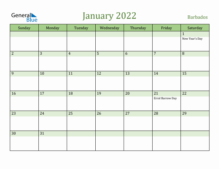January 2022 Calendar with Barbados Holidays