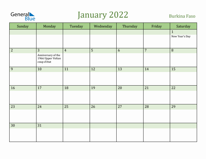 January 2022 Calendar with Burkina Faso Holidays