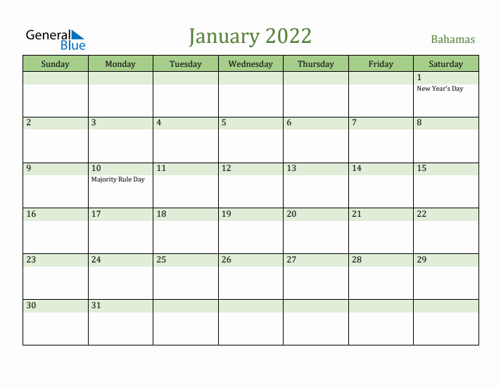 January 2022 Calendar with Bahamas Holidays
