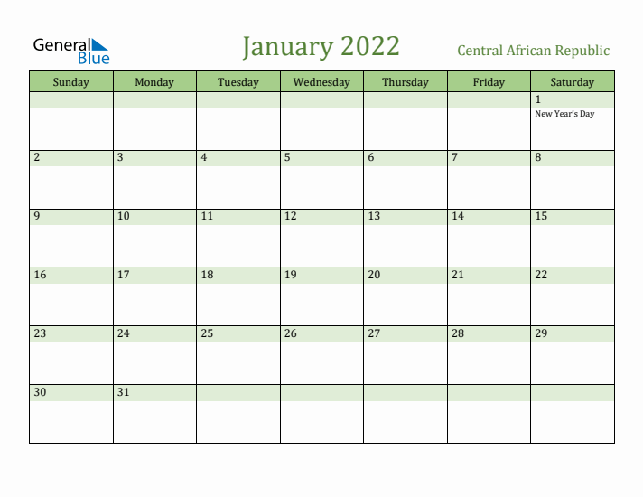 January 2022 Calendar with Central African Republic Holidays