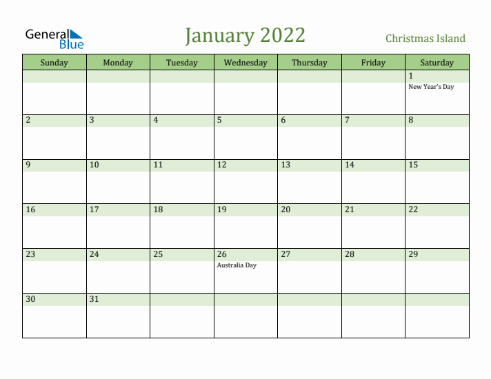 January 2022 Calendar with Christmas Island Holidays
