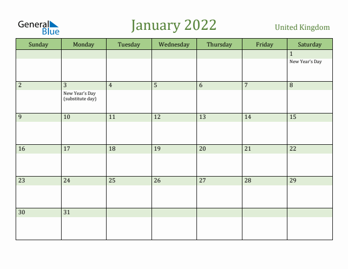 January 2022 Calendar with United Kingdom Holidays