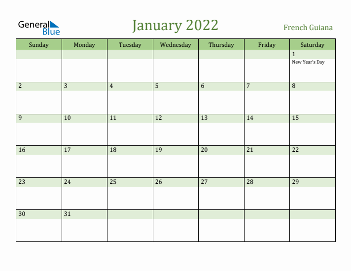 January 2022 Calendar with French Guiana Holidays