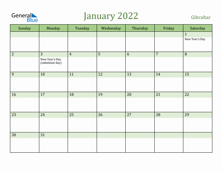 January 2022 Calendar with Gibraltar Holidays