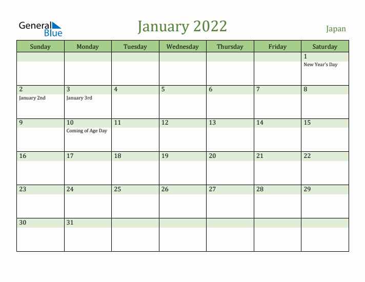 January 2022 Calendar with Japan Holidays