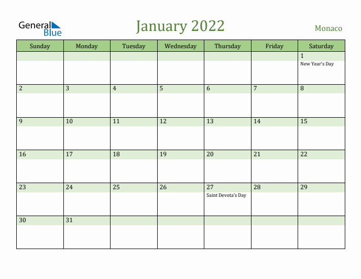 January 2022 Calendar with Monaco Holidays