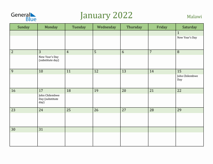 January 2022 Calendar with Malawi Holidays