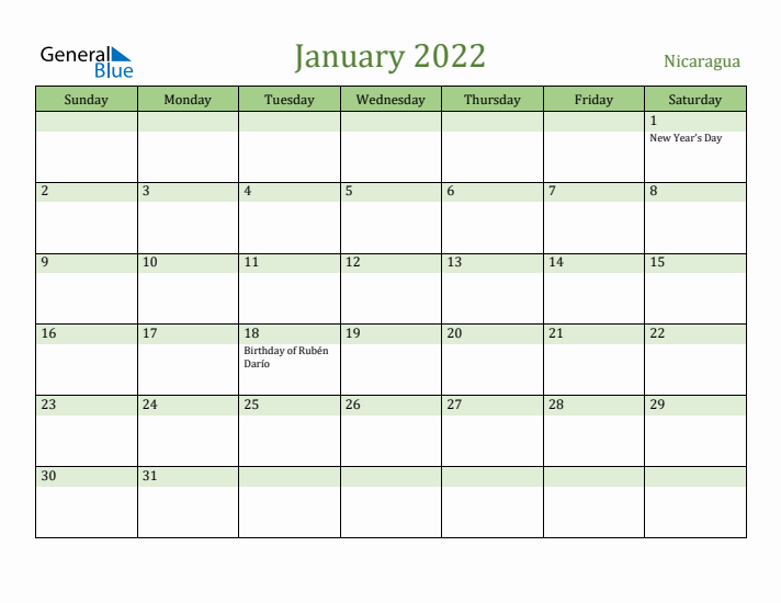 January 2022 Calendar with Nicaragua Holidays