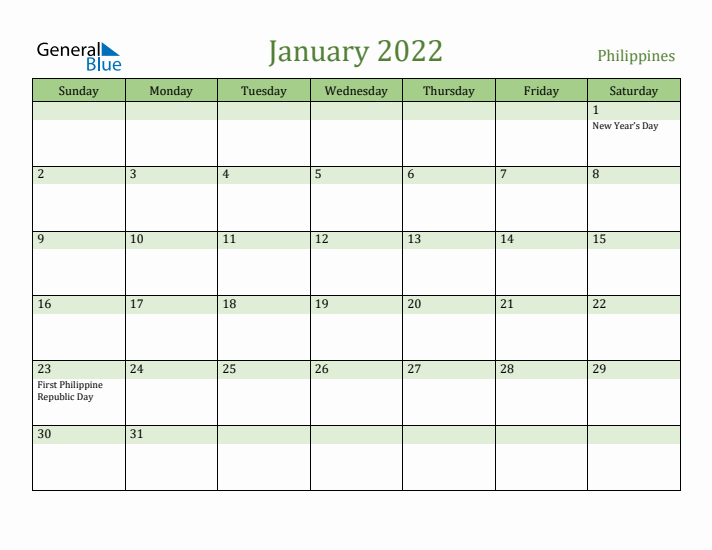 January 2022 Calendar with Philippines Holidays