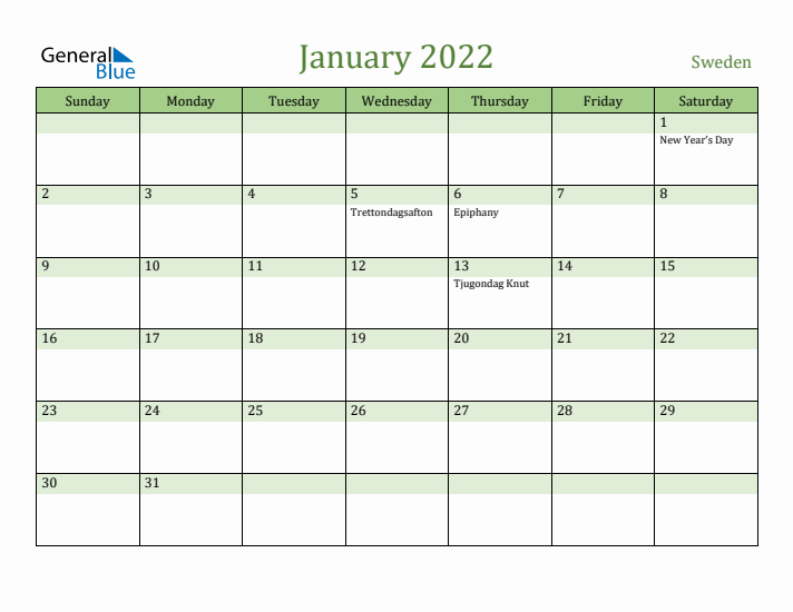 January 2022 Calendar with Sweden Holidays