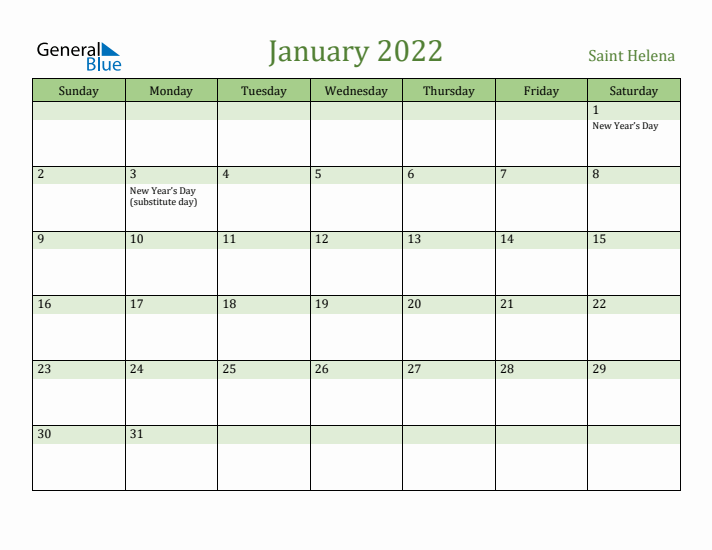 January 2022 Calendar with Saint Helena Holidays