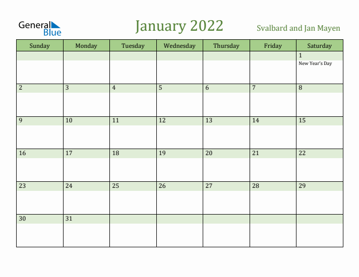 January 2022 Calendar with Svalbard and Jan Mayen Holidays